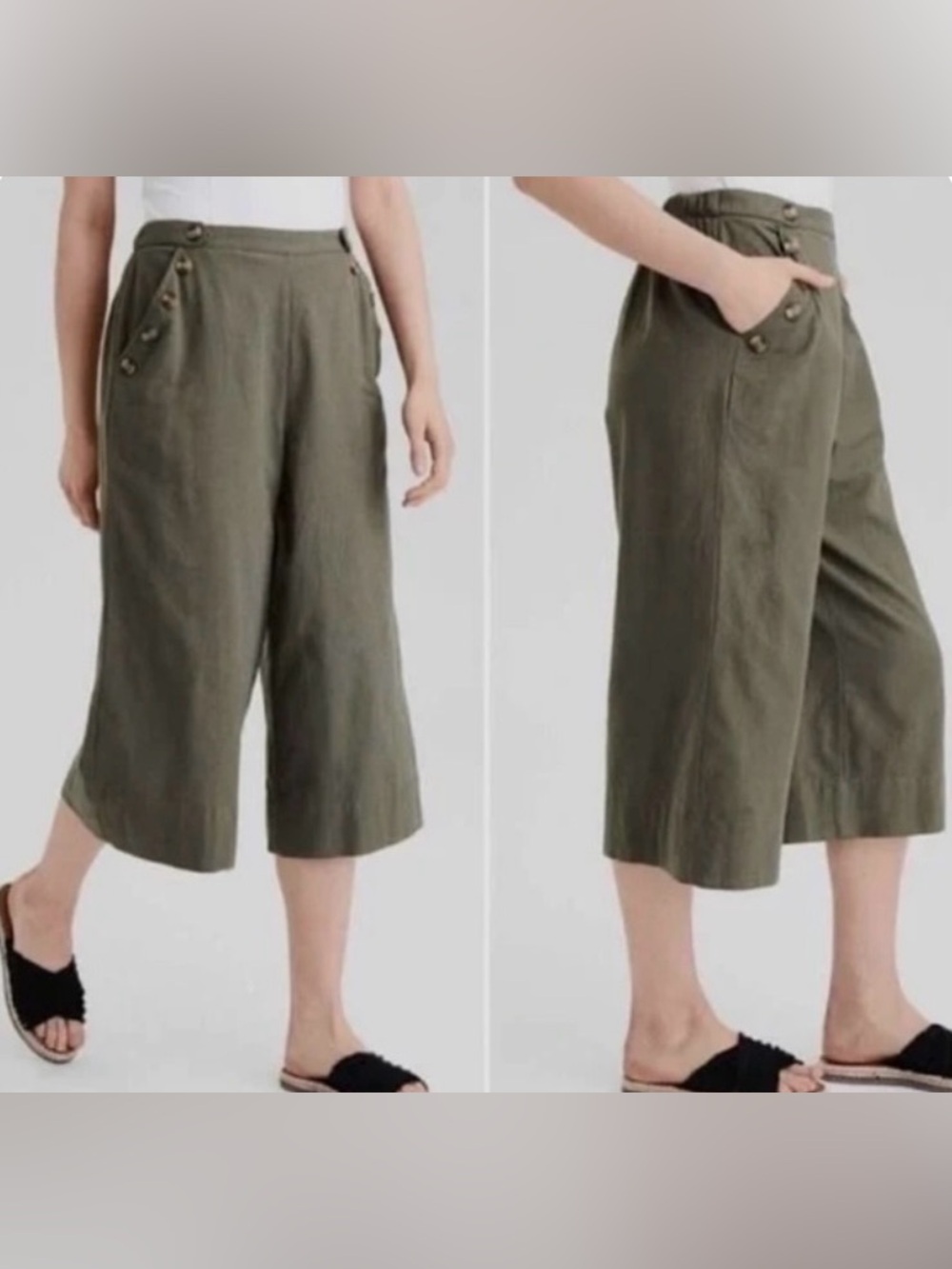 AE High Waisted Side Button Culottes Women’s L Olive Green Wide Leg Cotton Blend